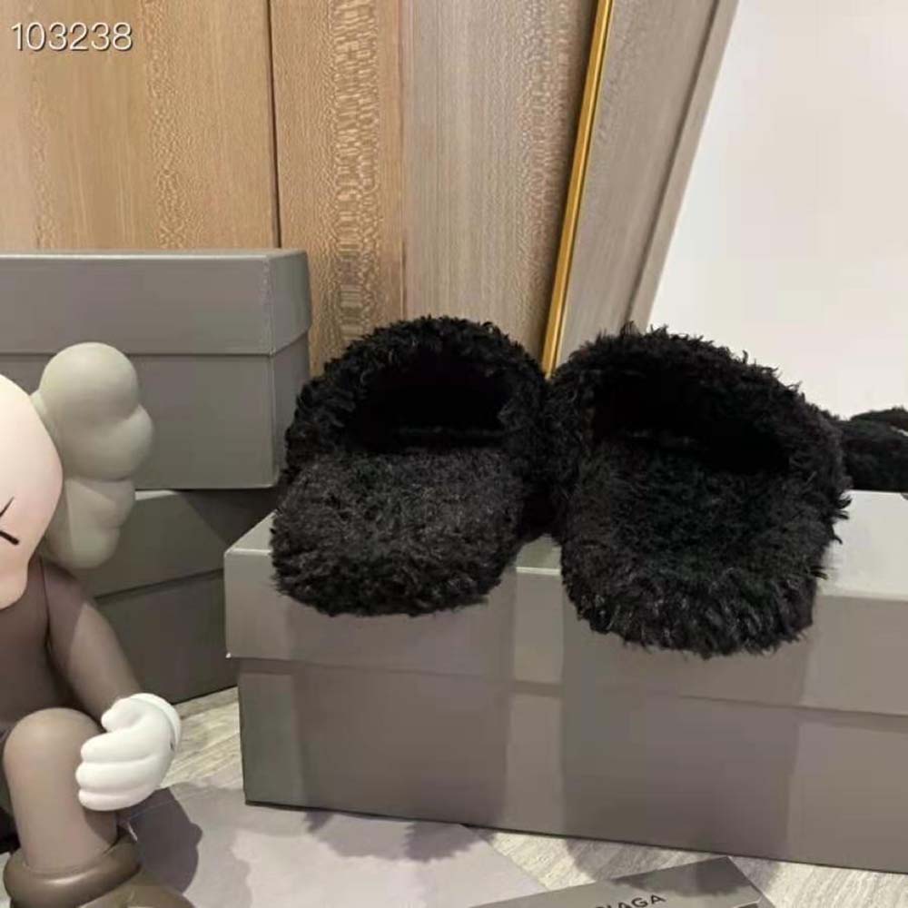 Balenciaga Women Furry Slide Sandal in Black Fake Shearling white Political Campaign Embroideries - image 6