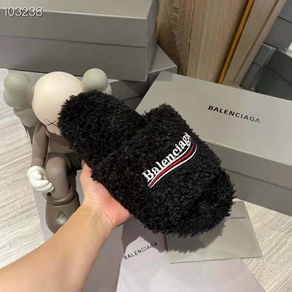 Balenciaga Women Furry Slide Sandal in Black Fake Shearling white Political Campaign Embroideries - image 7