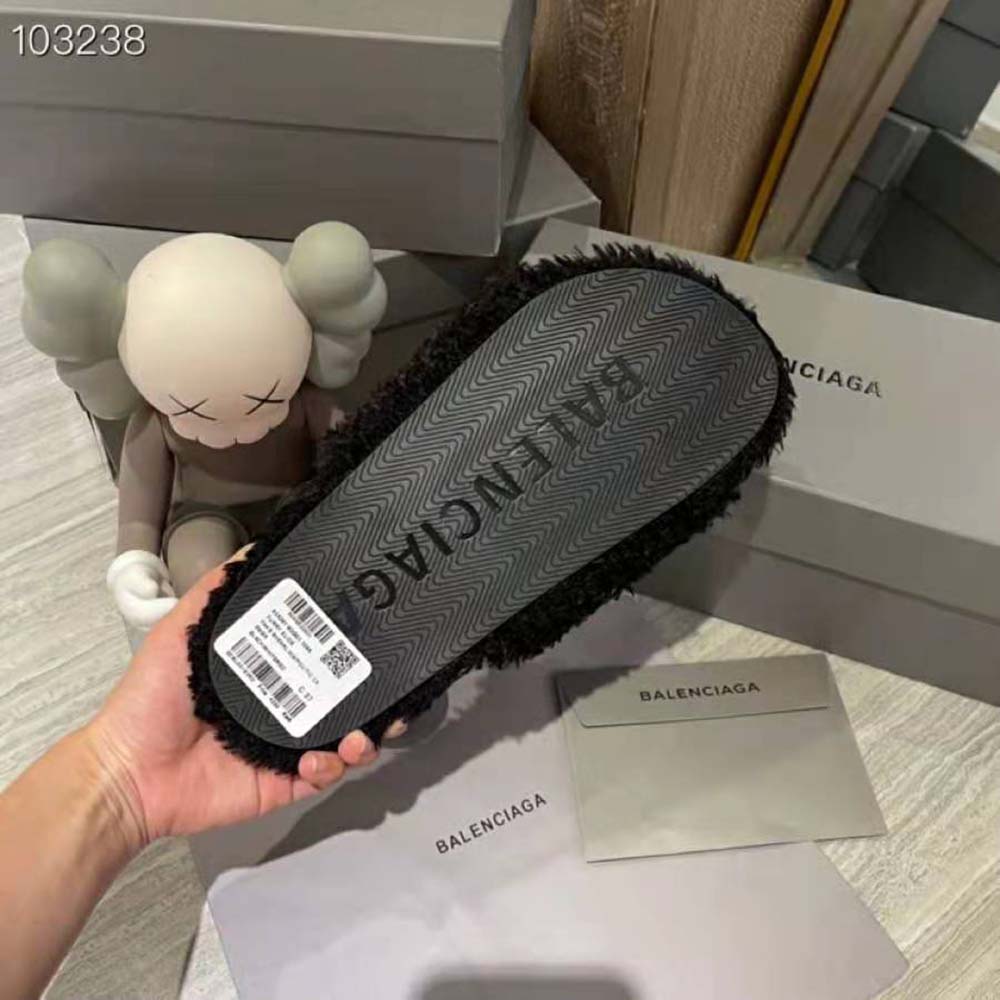 Balenciaga Women Furry Slide Sandal in Black Fake Shearling white Political Campaign Embroideries - image 9