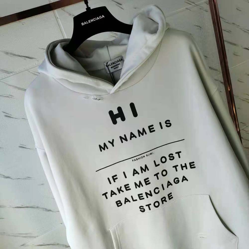Side angle showing boxy silhouette of Balenciaga Women Hi My Name Is Boxy Hoodie