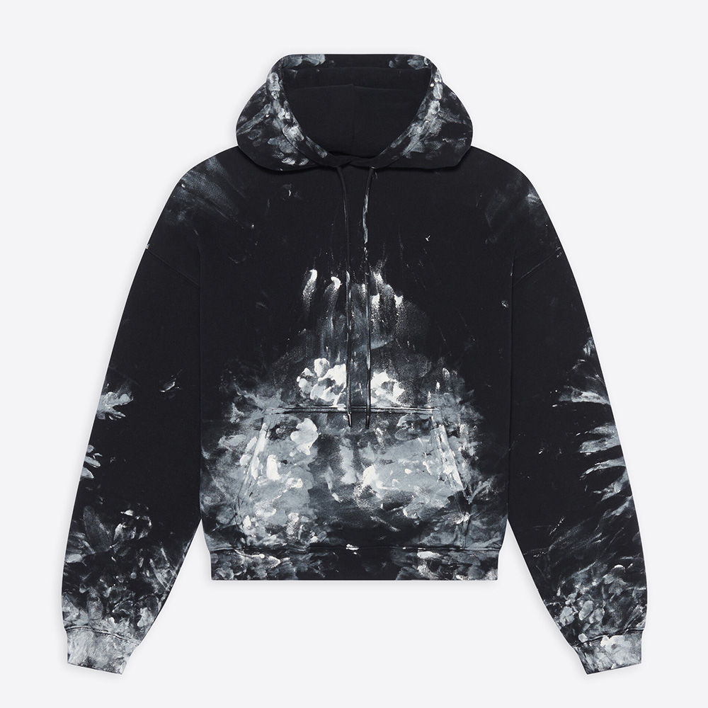 Front view of Balenciaga Women Painter Fitted Hoodie in black and white fleece