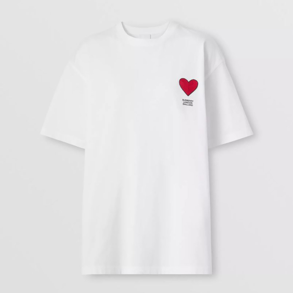 Front view of Burberry Women Heart Motif Cotton T-shirt-White showing heart detail