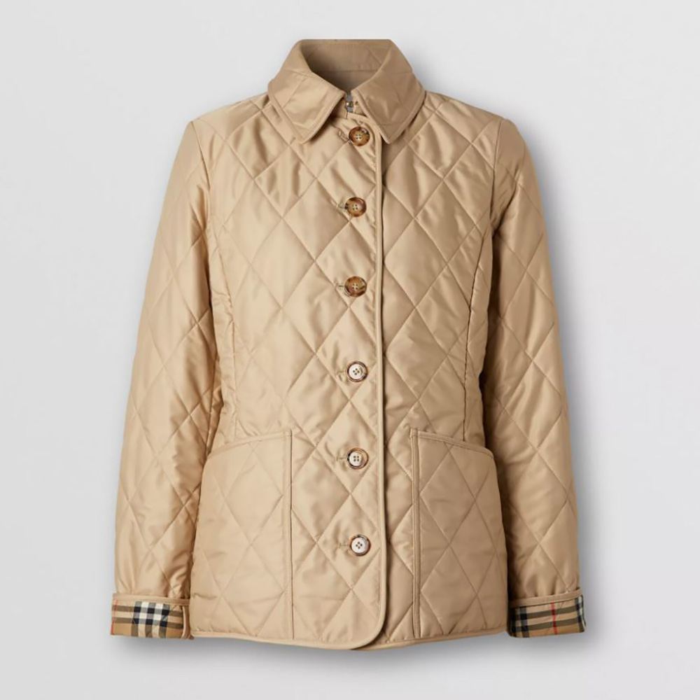Front view of Burberry Women Diamond Quilted Thermoregulated Jacket beige