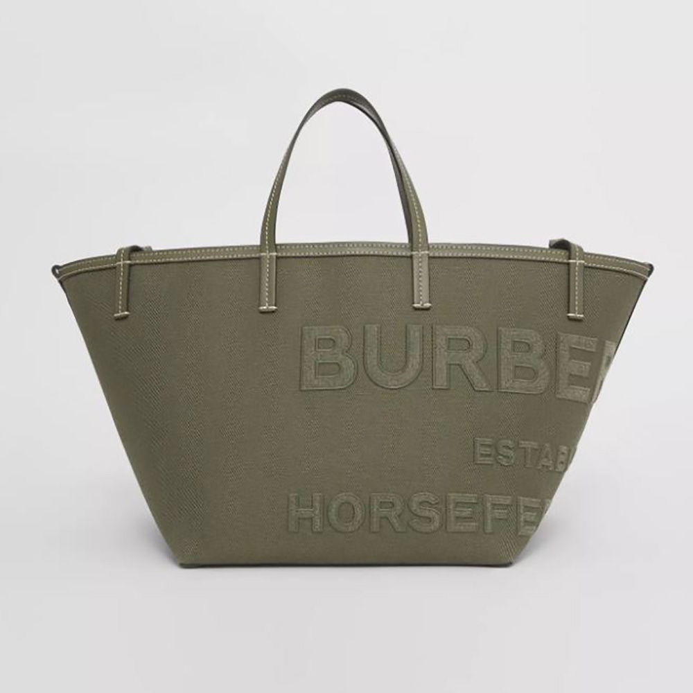 Front view of Burberry Women Mini Horseferry Linen Cotton Canvas Beach Tote-Green