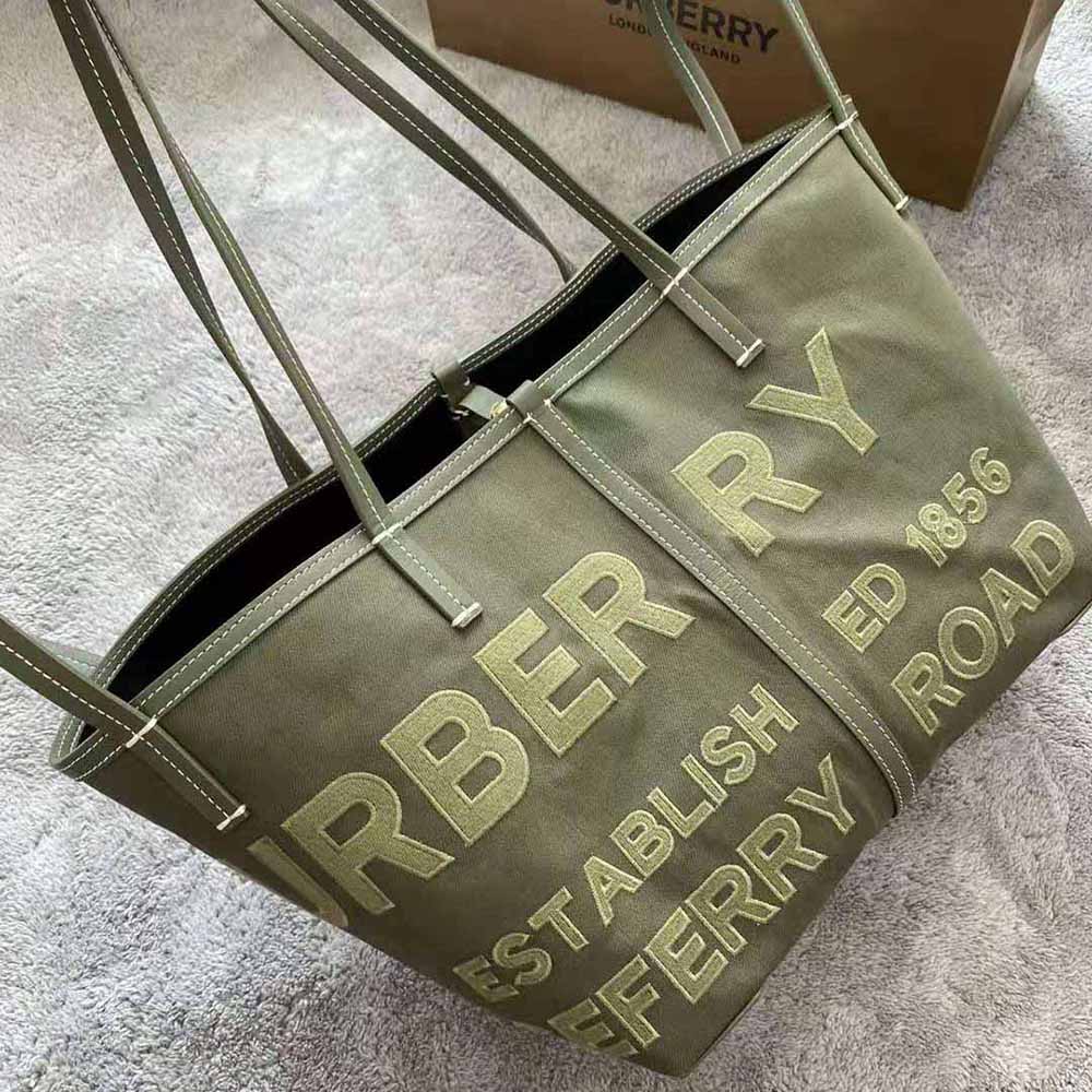 Burberry Women Mini Horseferry Linen Cotton Canvas Beach Tote-Green - image 4