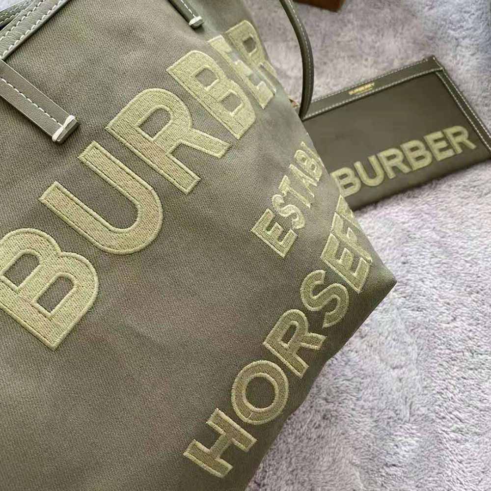 Burberry Women Mini Horseferry Linen Cotton Canvas Beach Tote-Green - image 10
