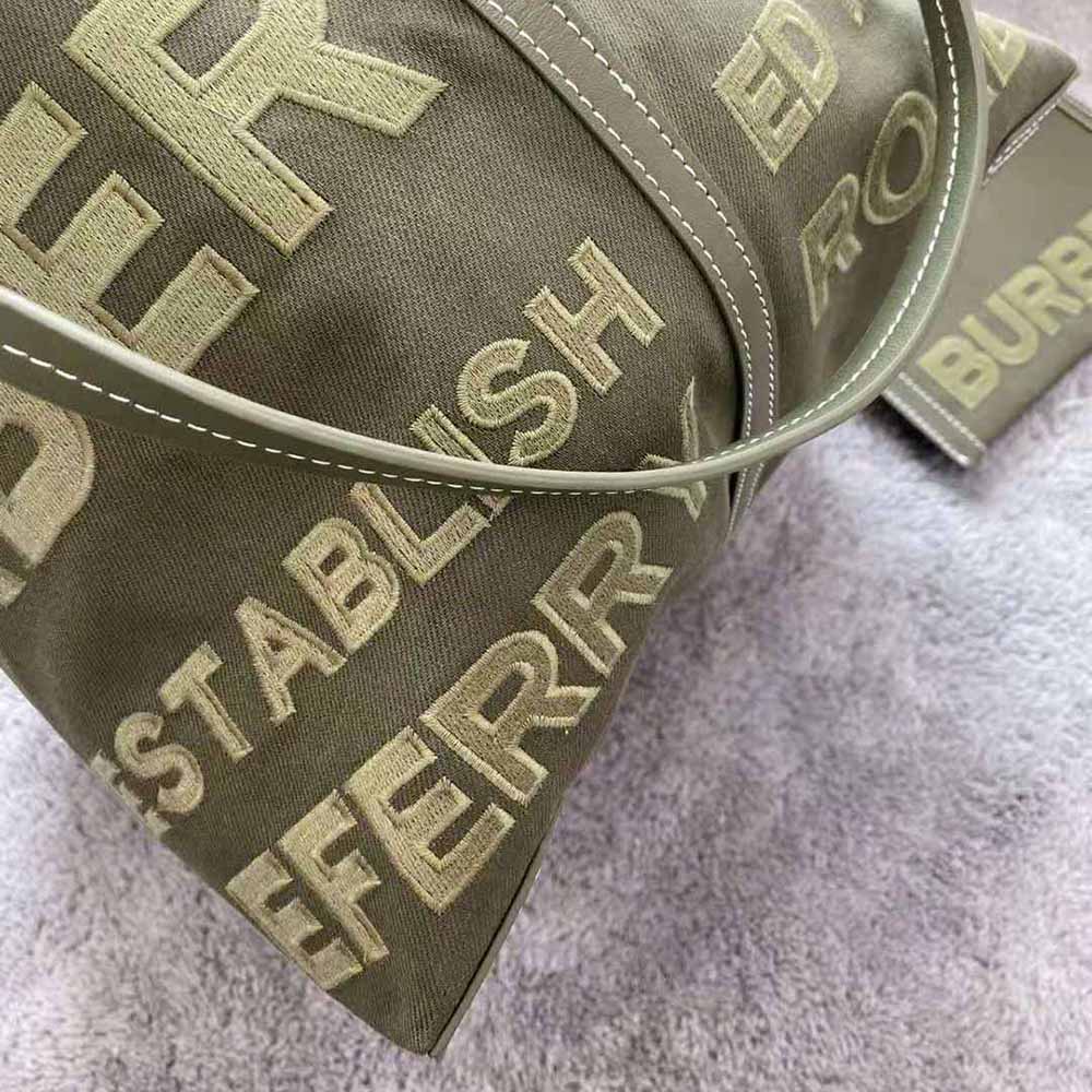 Burberry Women Mini Horseferry Linen Cotton Canvas Beach Tote-Green - image 9