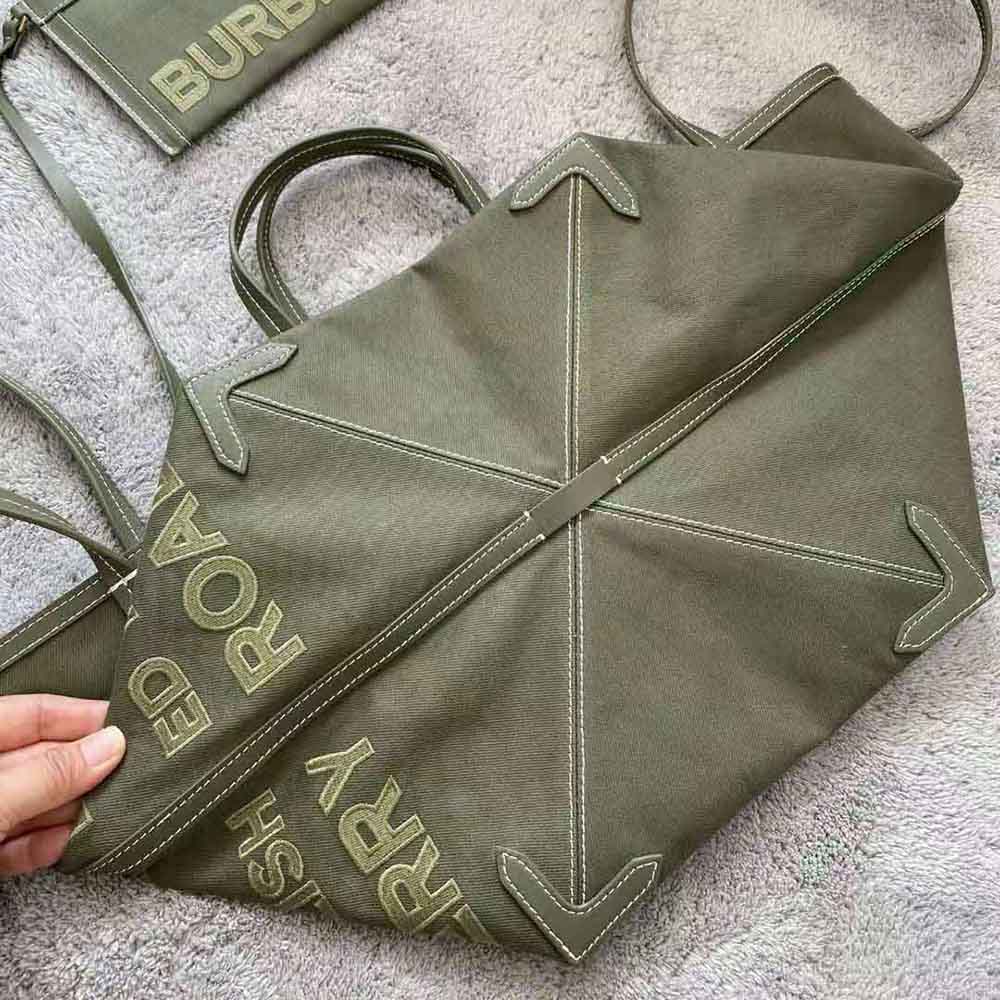Burberry Women Mini Horseferry Linen Cotton Canvas Beach Tote-Green - image 5