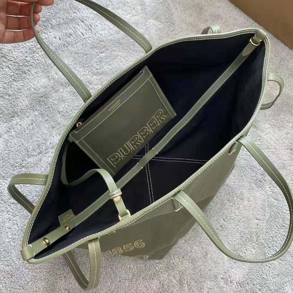 Burberry Women Mini Horseferry Linen Cotton Canvas Beach Tote-Green - image 6
