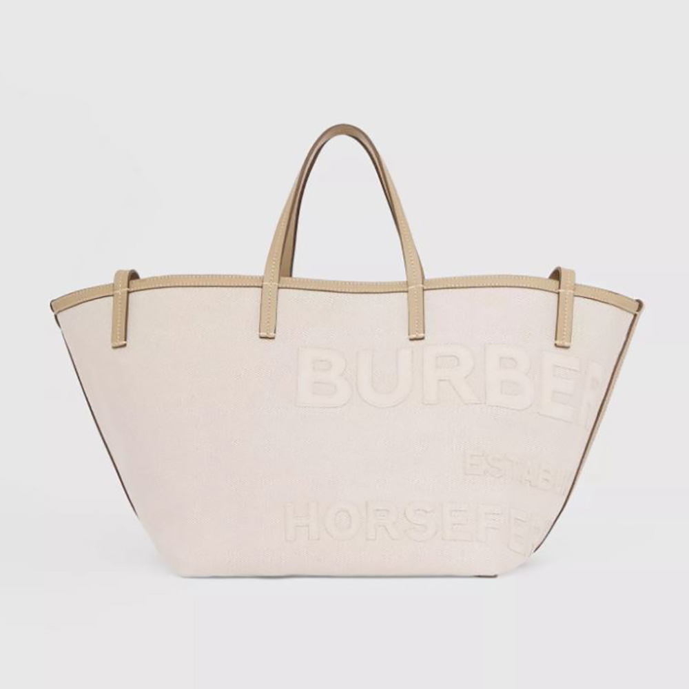 Front view of Burberry Women Mini Horseferry Linen Cotton Canvas Beach Tote-Beige