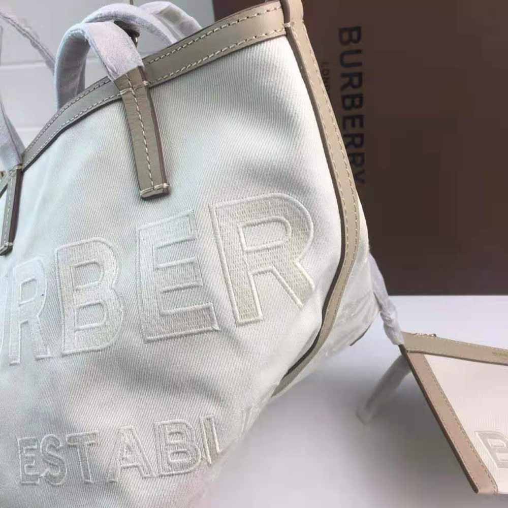 Burberry Women Mini Horseferry Linen Cotton Canvas Beach Tote-Beige - image 6