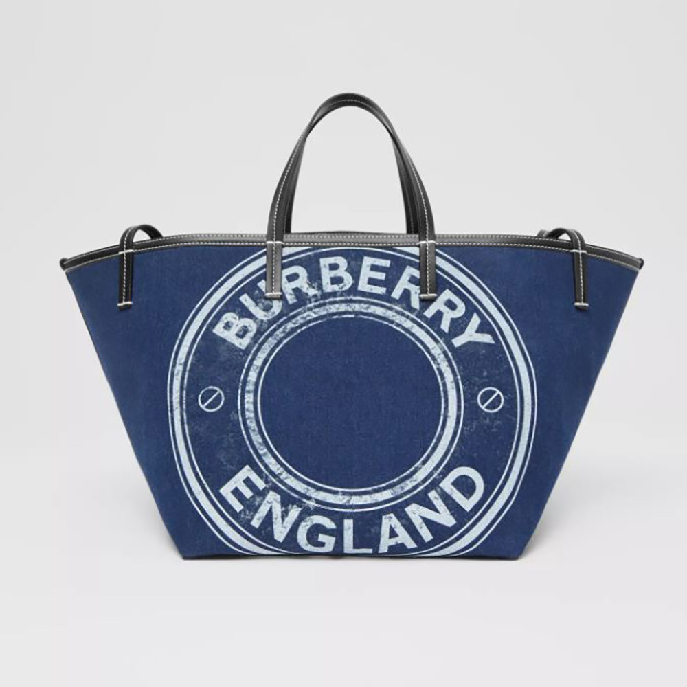 Front view of Burberry Women Mini Logo Graphic Denim Beach Tote in blue