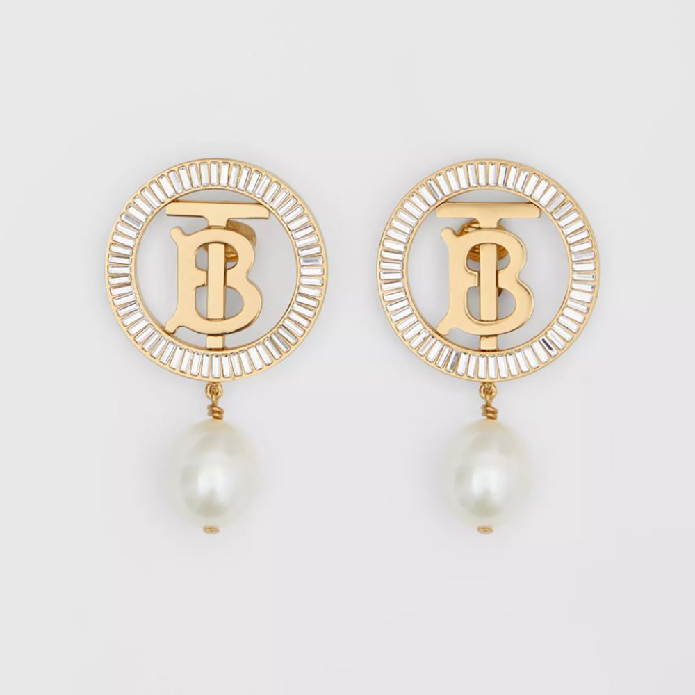 Close-up front view of Burberry Women Pearl Detail Gold-plated Monogram Motif Earrings