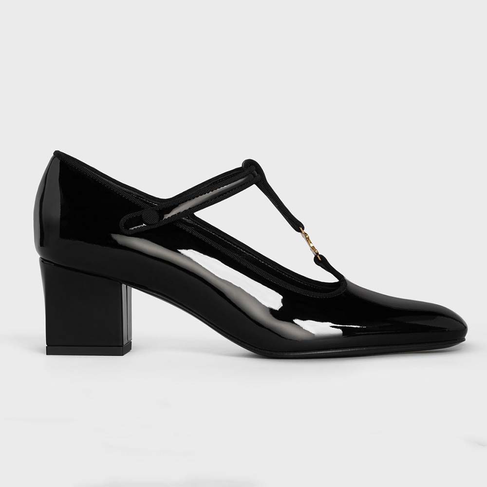 Side angle of Celine Women Babies T-Bar Pump patent calfskin