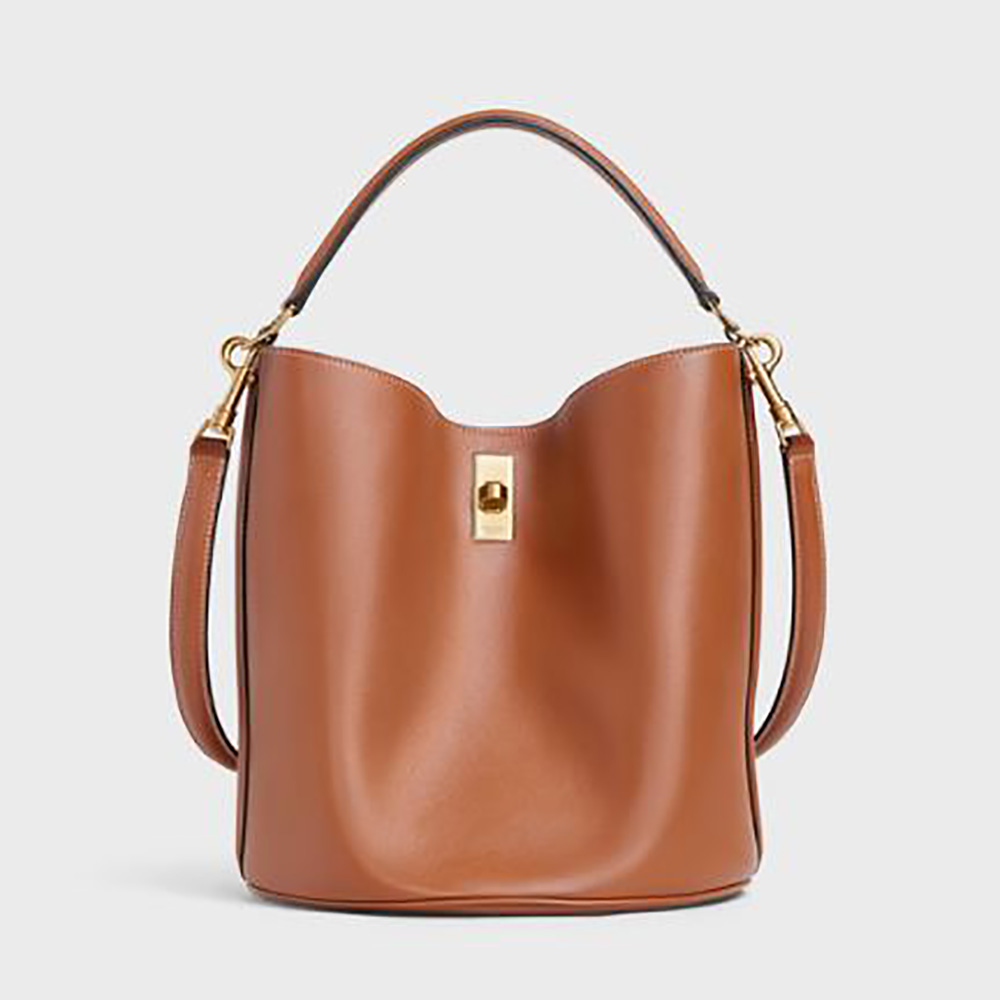 Front view of Celine Women Bucket 16 Bag in smooth brown calfskin