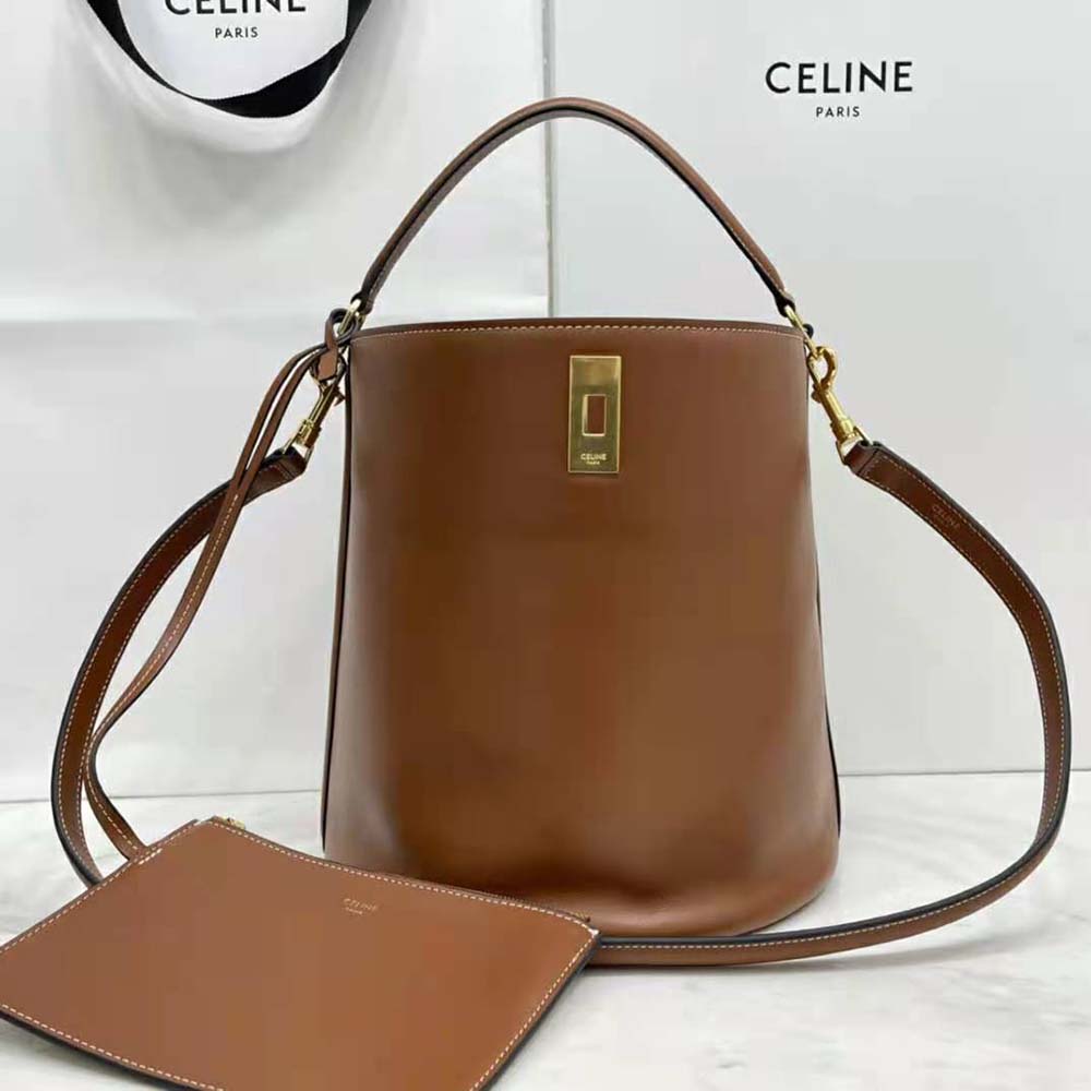 Close-up of drawstring closure and gold hardware on Celine Bucket 16 Bag