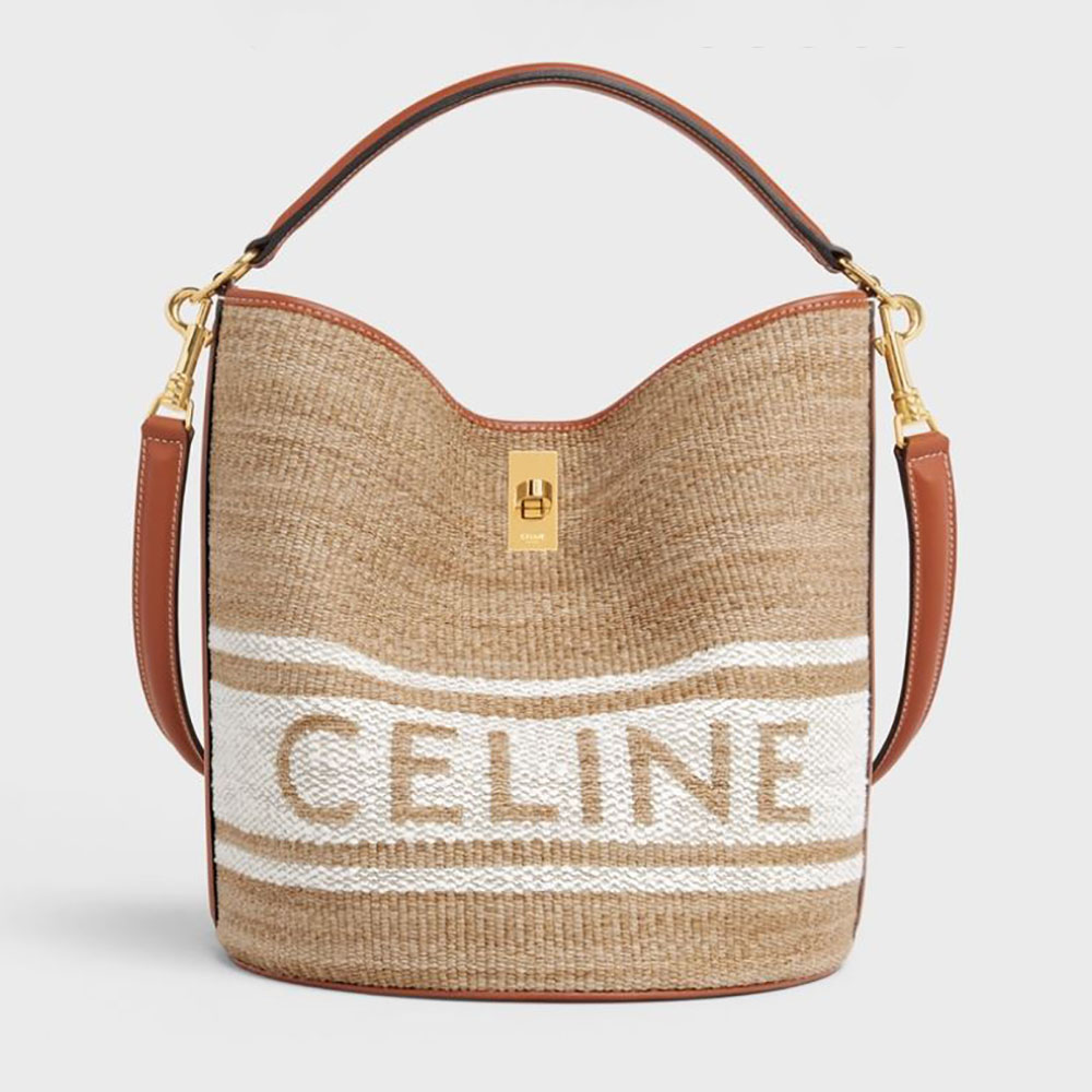 Front view of Celine Women Bucket 16 Bag in beige textile and calfskin