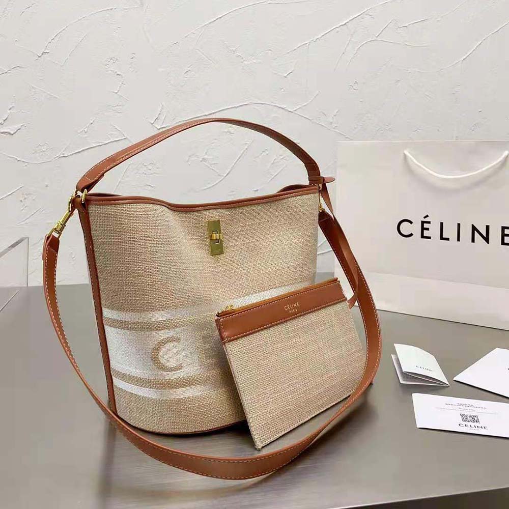 Close-up of gold hardware and Celine logo on Bucket 16 Bag