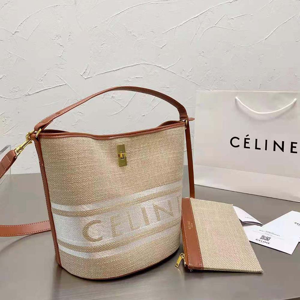 Side angle showcasing silhouette and strap of Celine Women Bucket 16 Bag