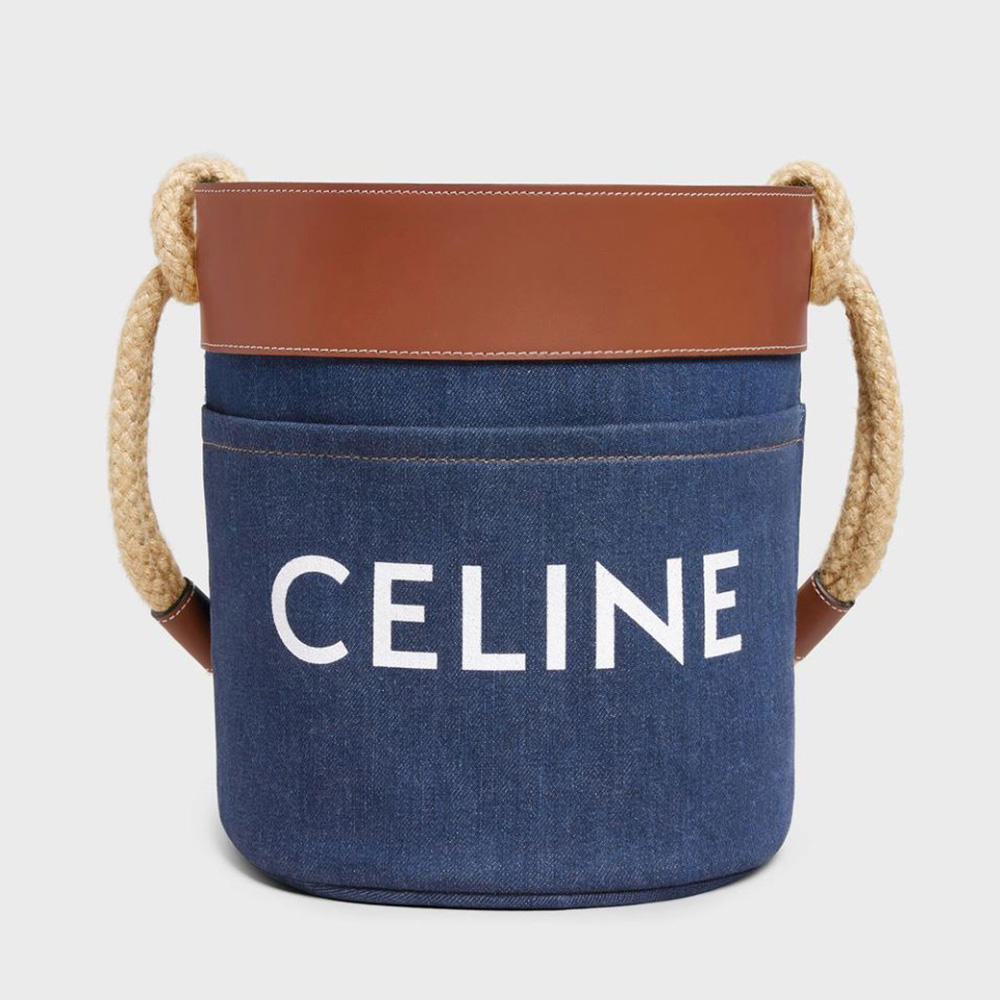 Front view of Celine Women Bucket Celine in Denim with Celine Print