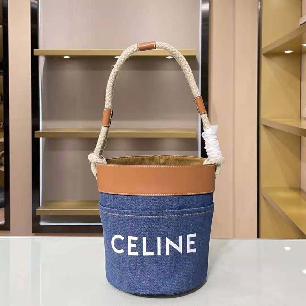 Close-up detail of Celine print and calfskin trim on bucket bag