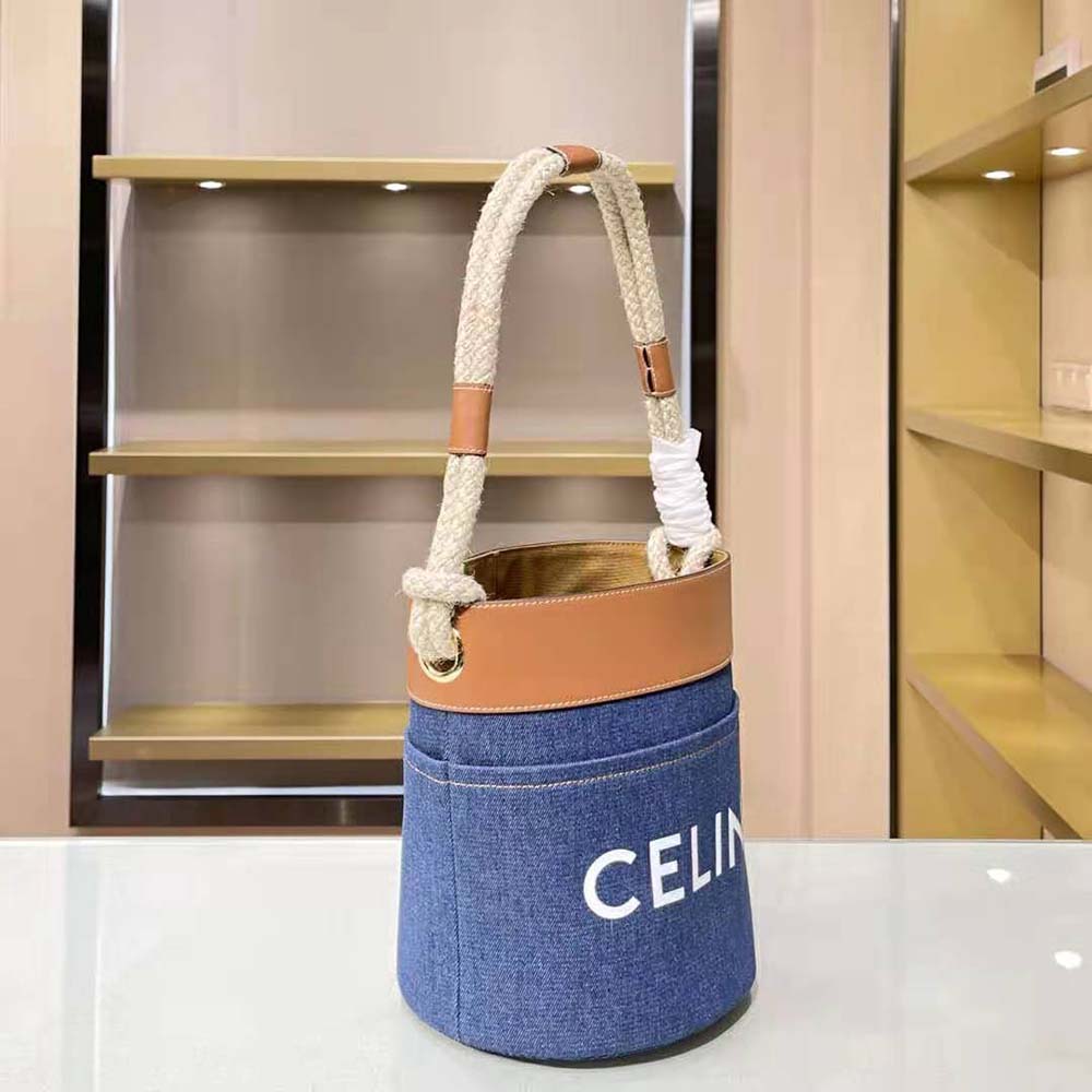 Side angle showing drawstring closure of Celine Women Bucket Celine