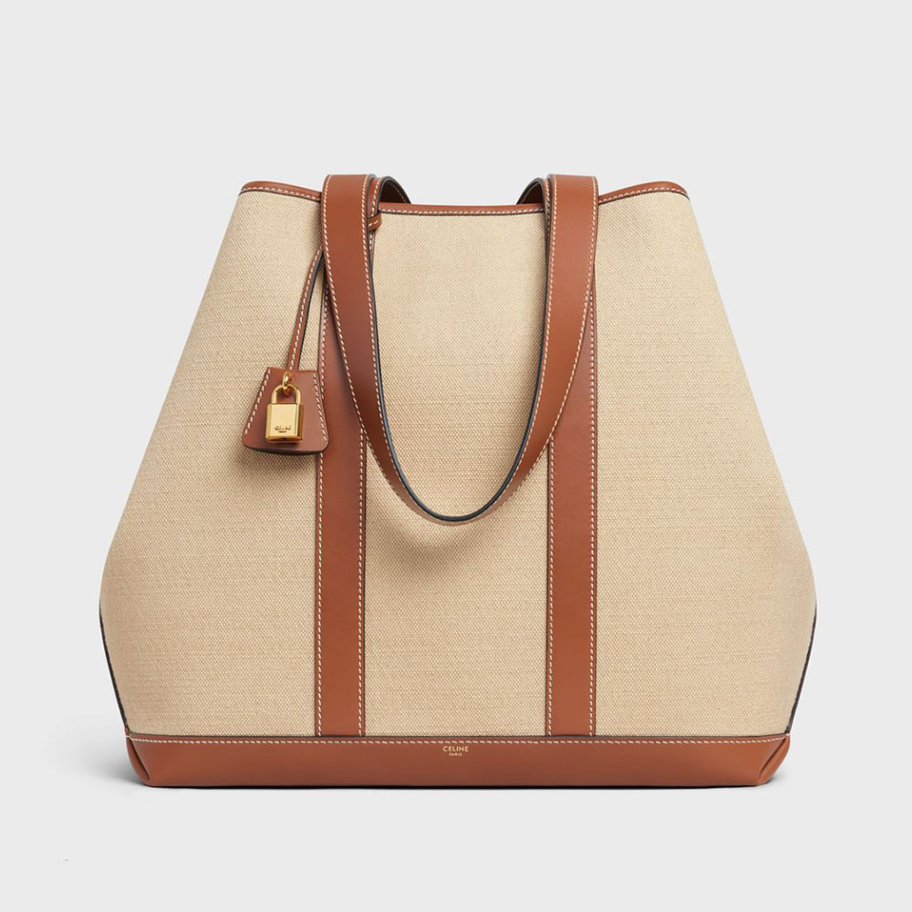 Front view of Celine Women Cabas Marin in beige textile and calfskin