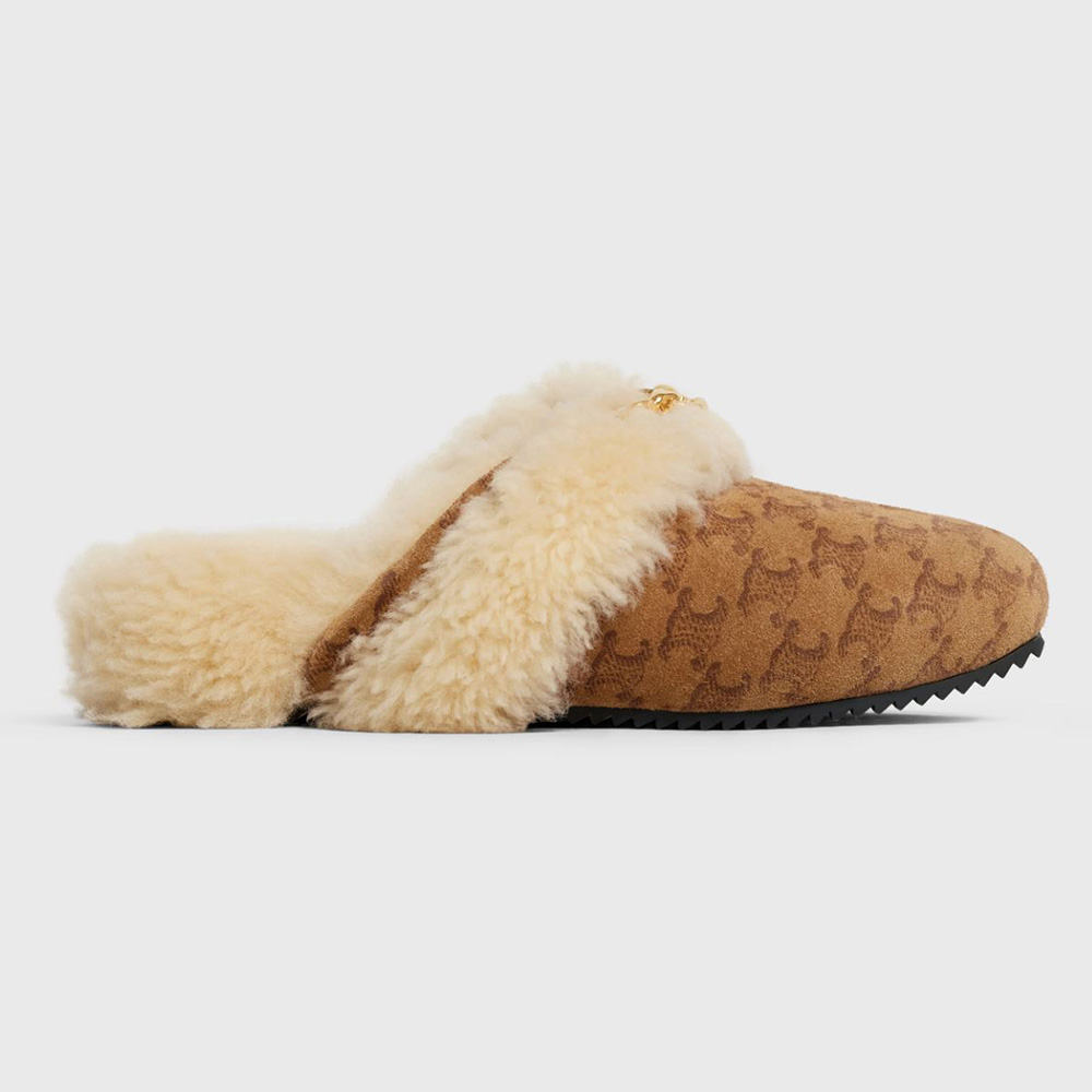 Side profile of Celine Women Fur Slides Triomphe Closed Slipper in brown suede