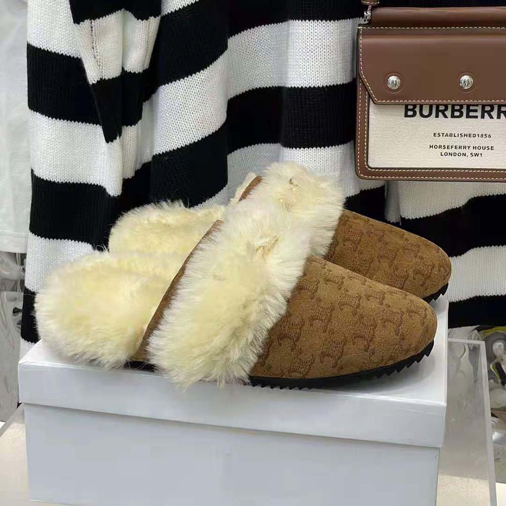 Top view showing Triomphe logo hardware on Celine Women Fur Slides slipper