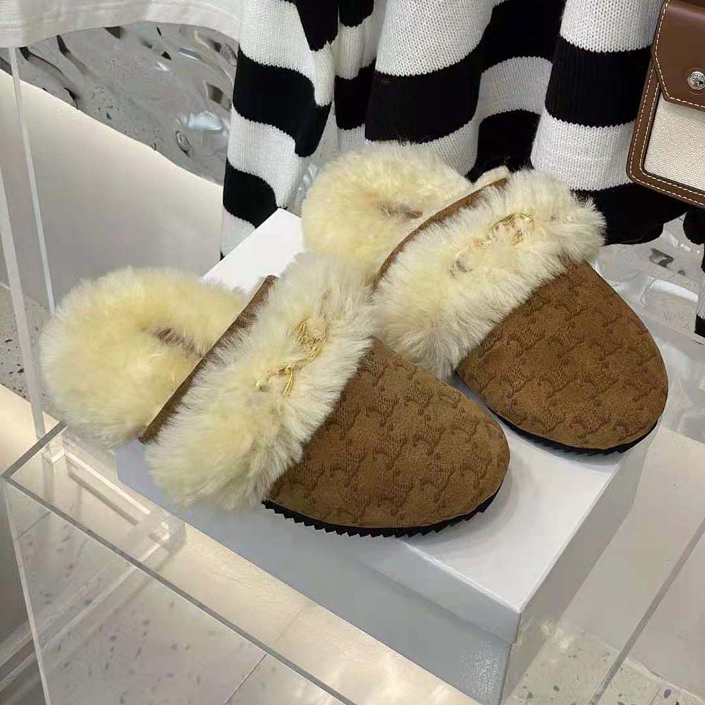 Celine Women Fur Slides Triomphe Closed Slipper in Suede Calfskin and Shearling - image 4