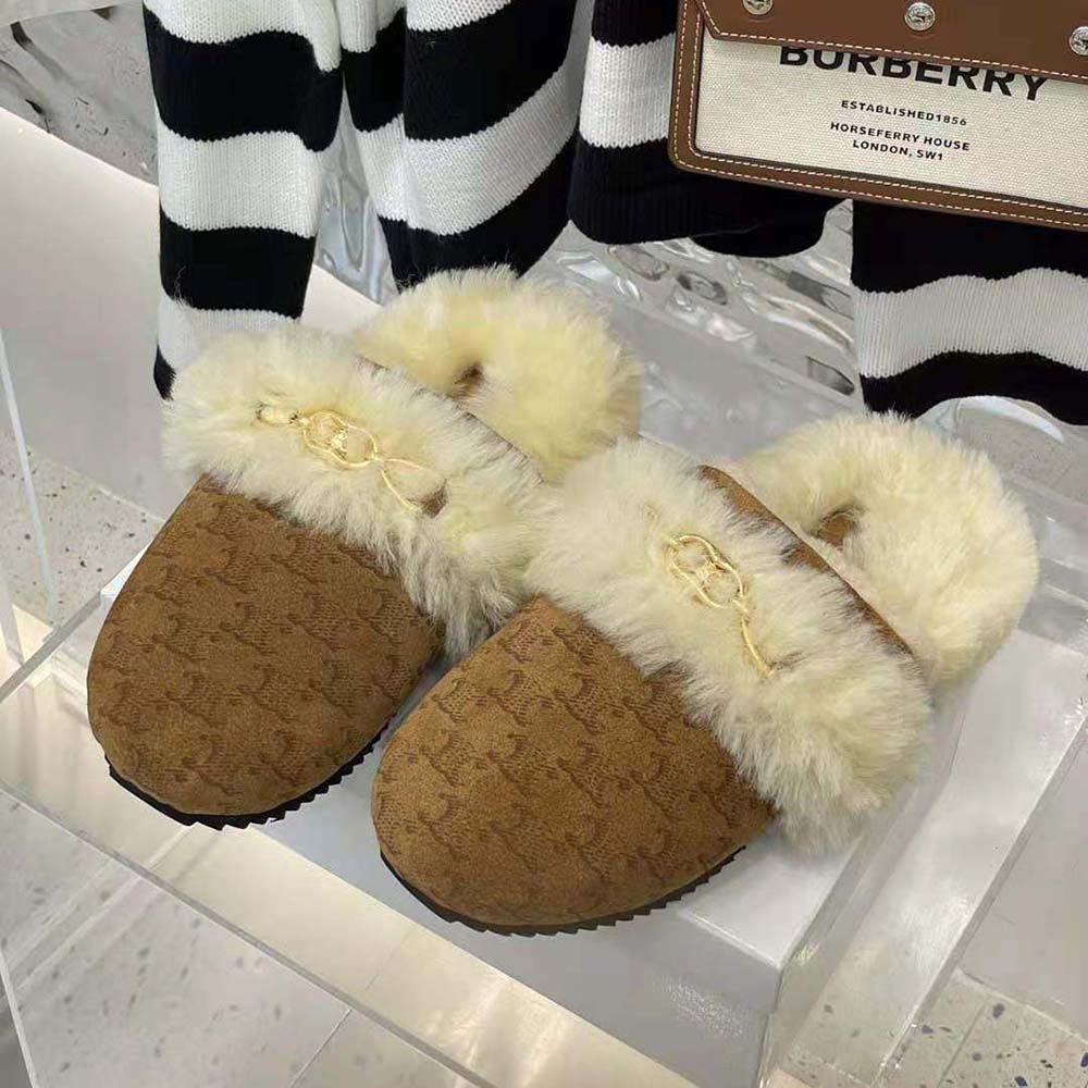 Celine Women Fur Slides Triomphe Closed Slipper in Suede Calfskin and Shearling - image 5
