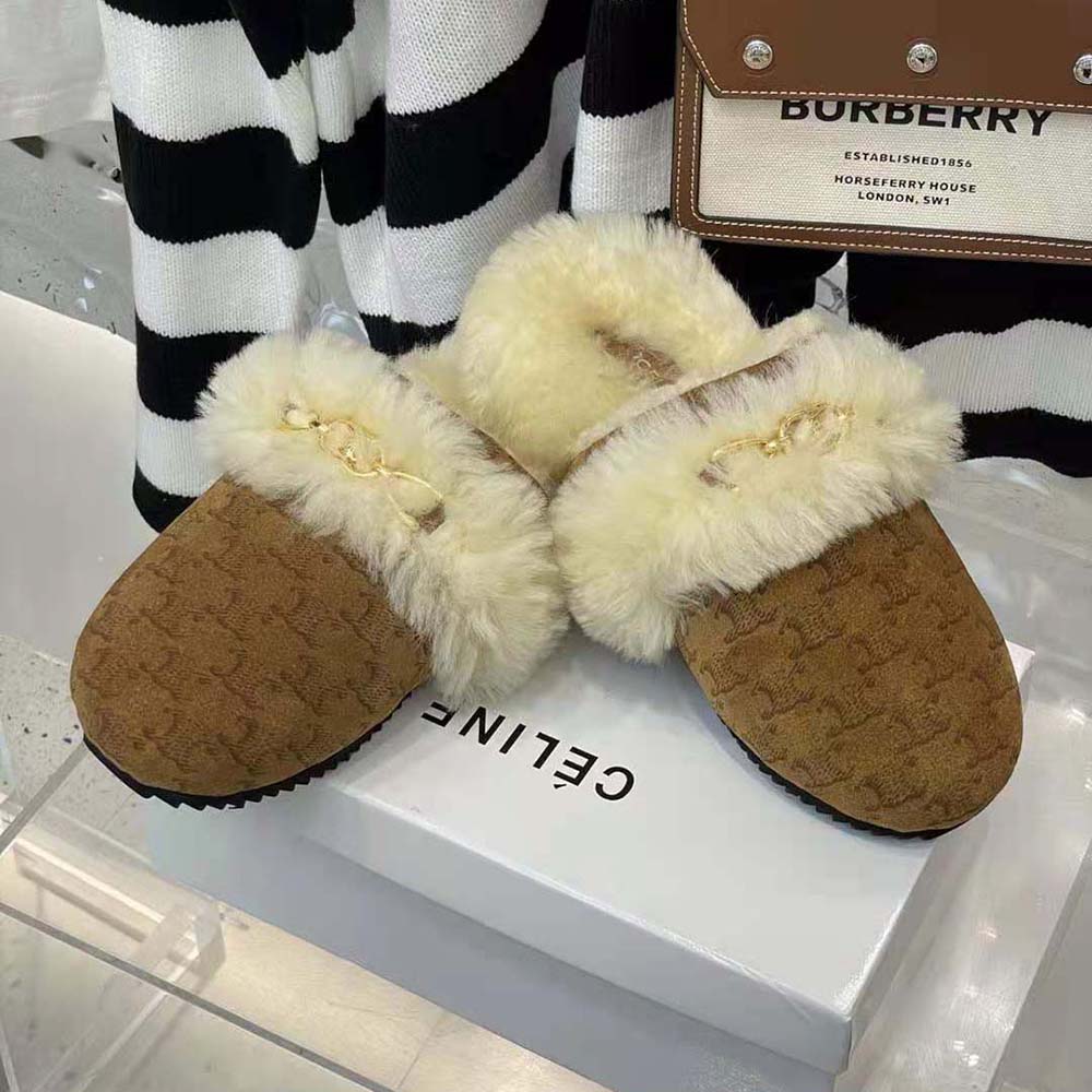 Close-up of plush shearling lining on Celine Women Fur Slides Triomphe slipper