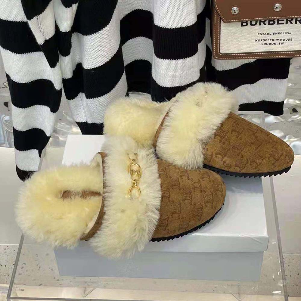 Celine Women Fur Slides Triomphe Closed Slipper in Suede Calfskin and Shearling - image 6