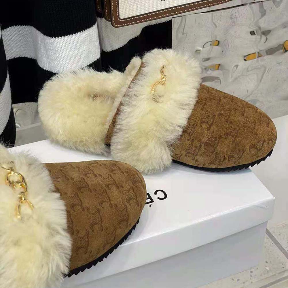 Celine Women Fur Slides Triomphe Closed Slipper in Suede Calfskin and Shearling - image 8
