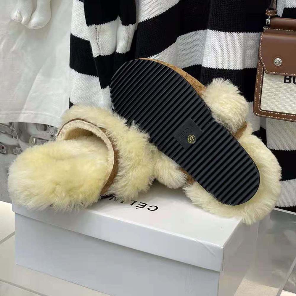 Celine Women Fur Slides Triomphe Closed Slipper in Suede Calfskin and Shearling - image 7
