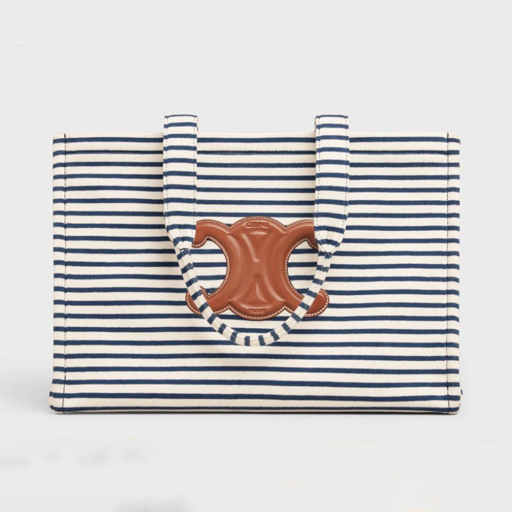 Front view of Celine Women Large Cabas Thais in Striped Textile black handbag