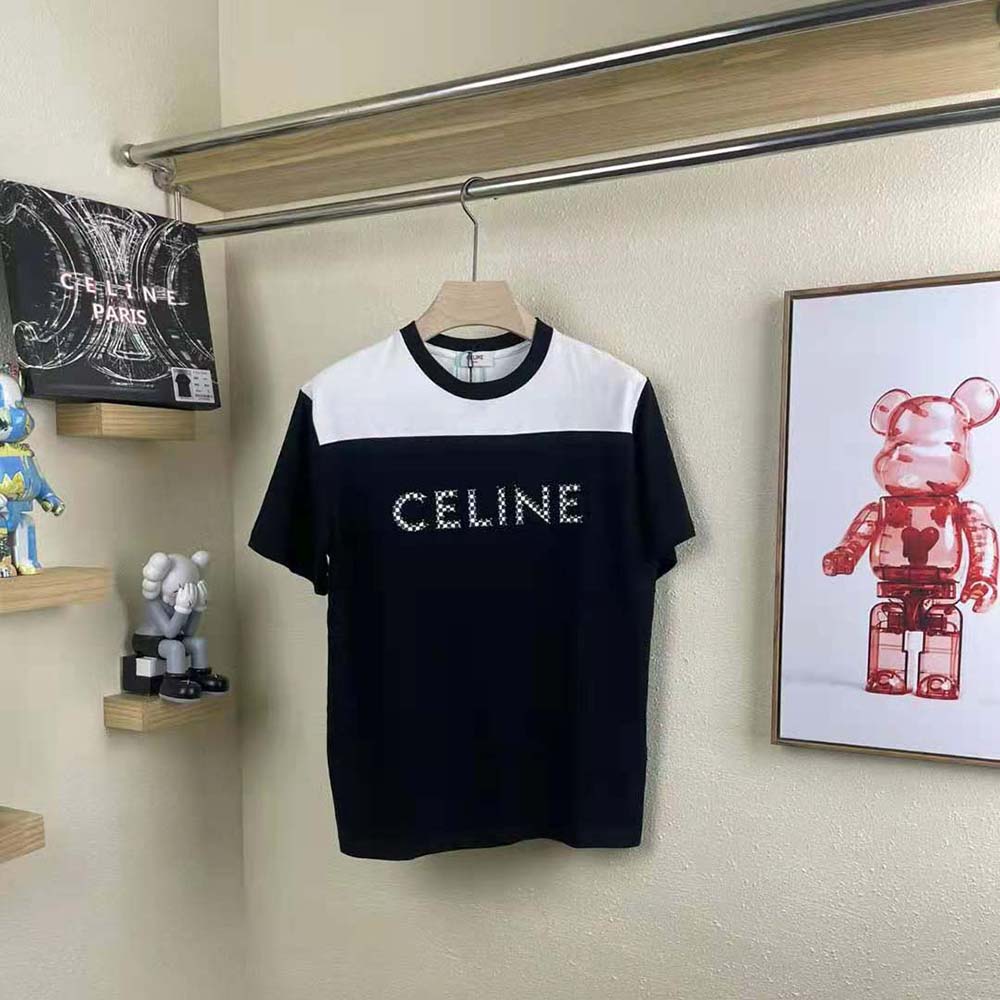 Close-up on stud detailing of Celine Women Loose T-shirt in black cotton