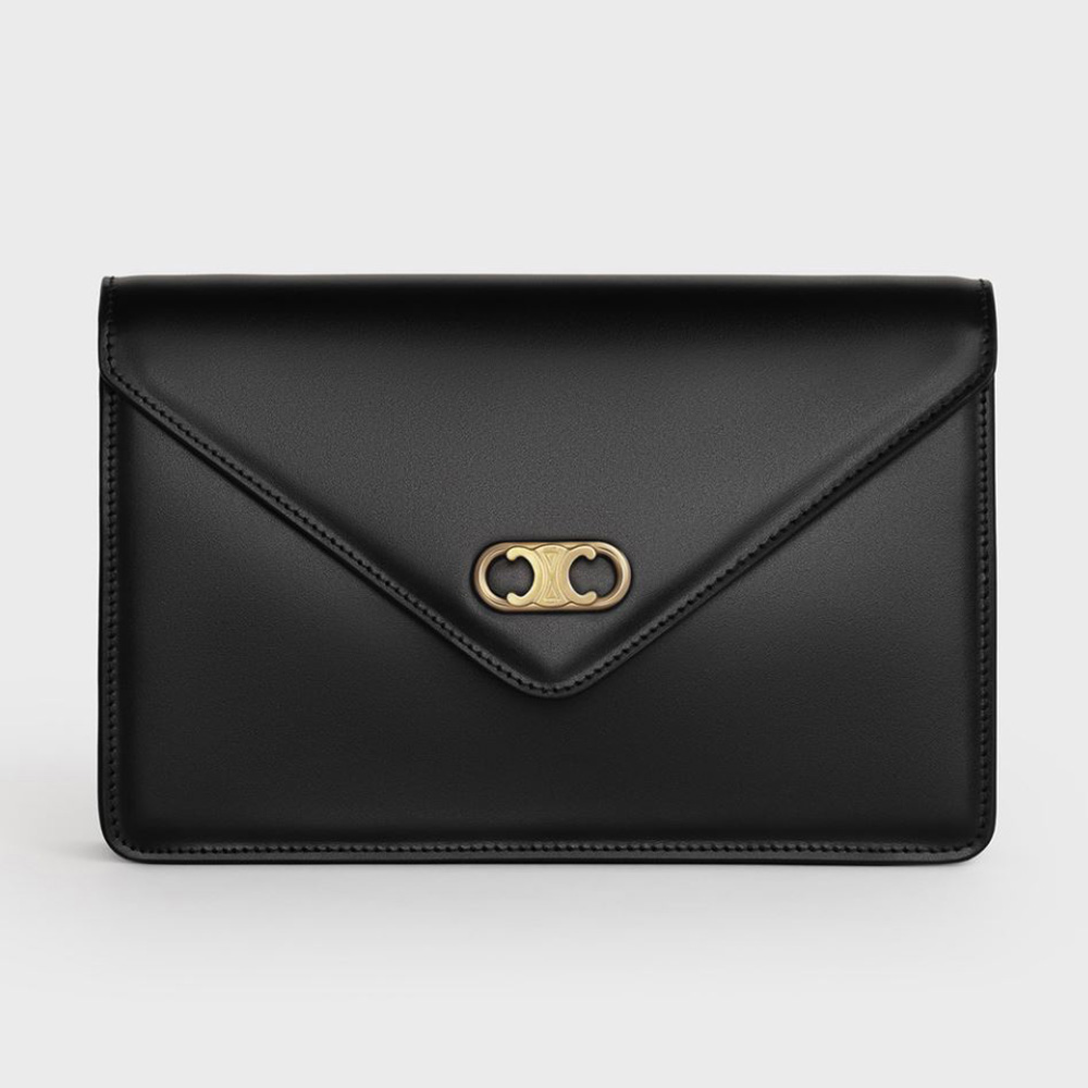Front angle of Celine Women Maillon Triomphe Wallet on Chain in Shiny Calfskin-Black