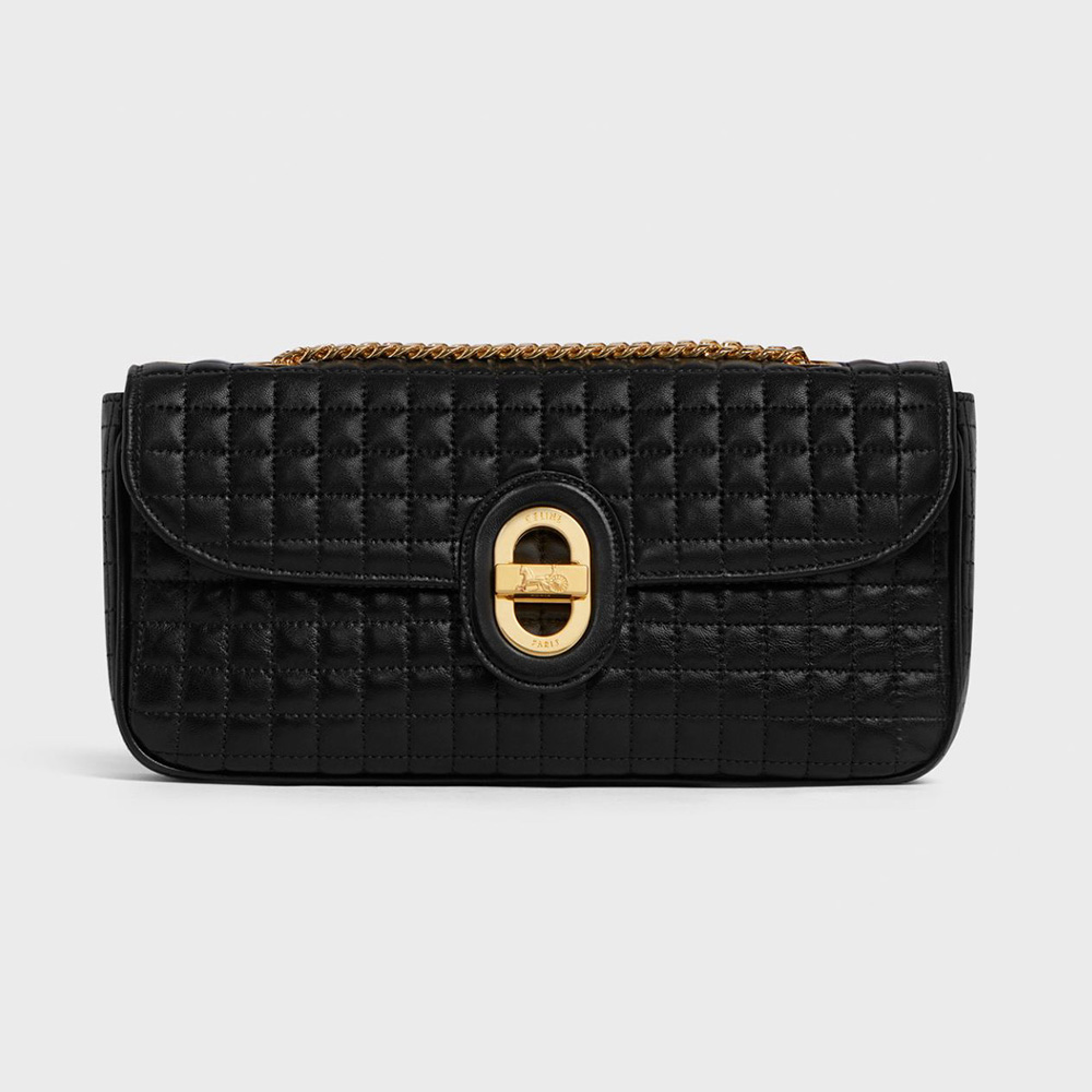 Front angle of Celine Women Medium Chain Sulky Bag in black lambskin