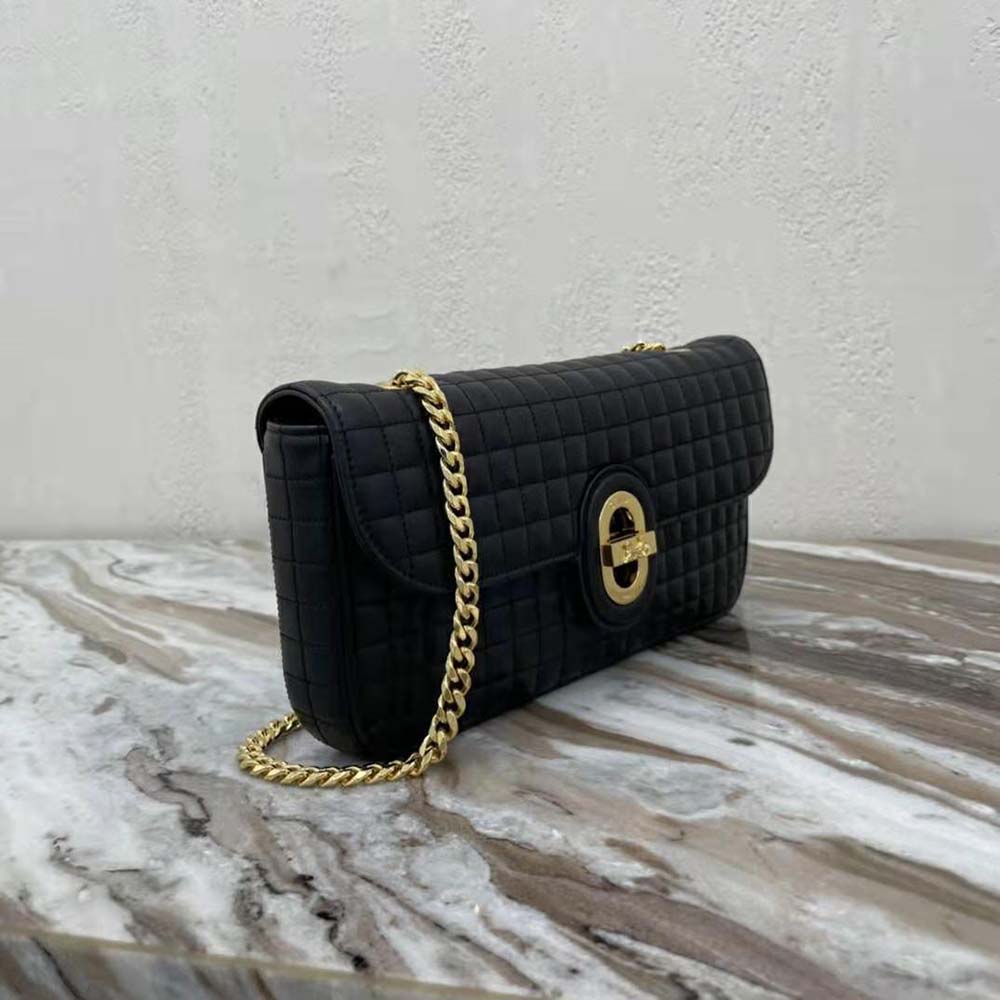 Side view showing medium silhouette and signature closure of the Celine bag