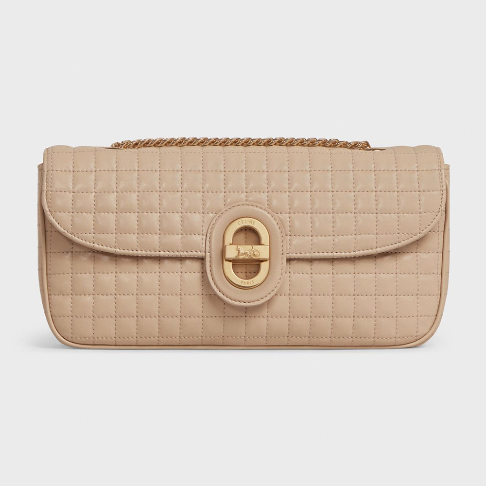Front view of Celine Women Medium Chain Sulky Bag in Quilted Lambskin-Sandy
