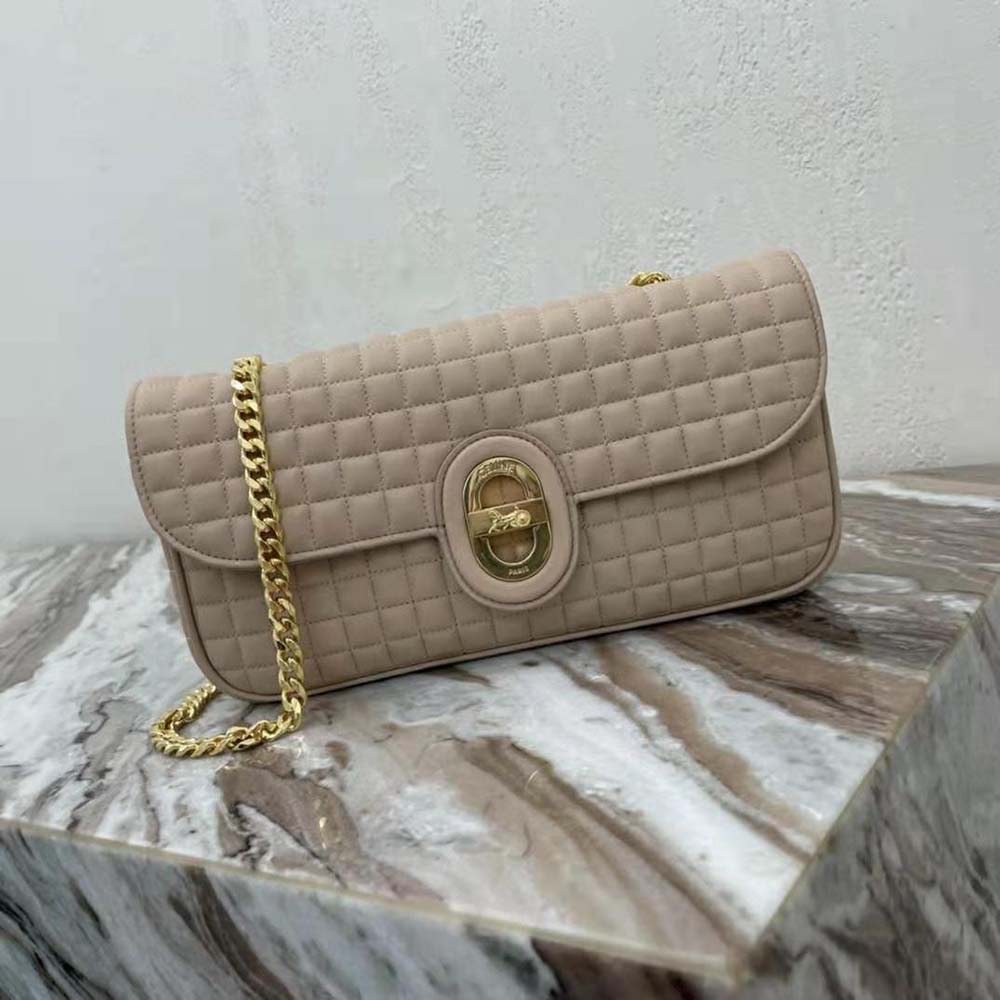 Close-up of quilted lambskin and gold chain on Celine Medium Chain Sulky Bag