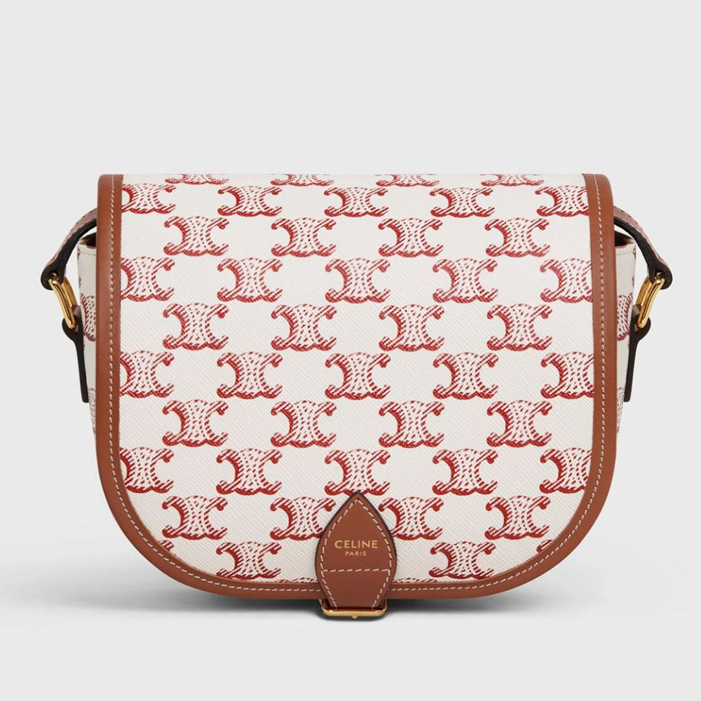 Front view of Celine Women Medium Folco Bag in red Triomphe canvas