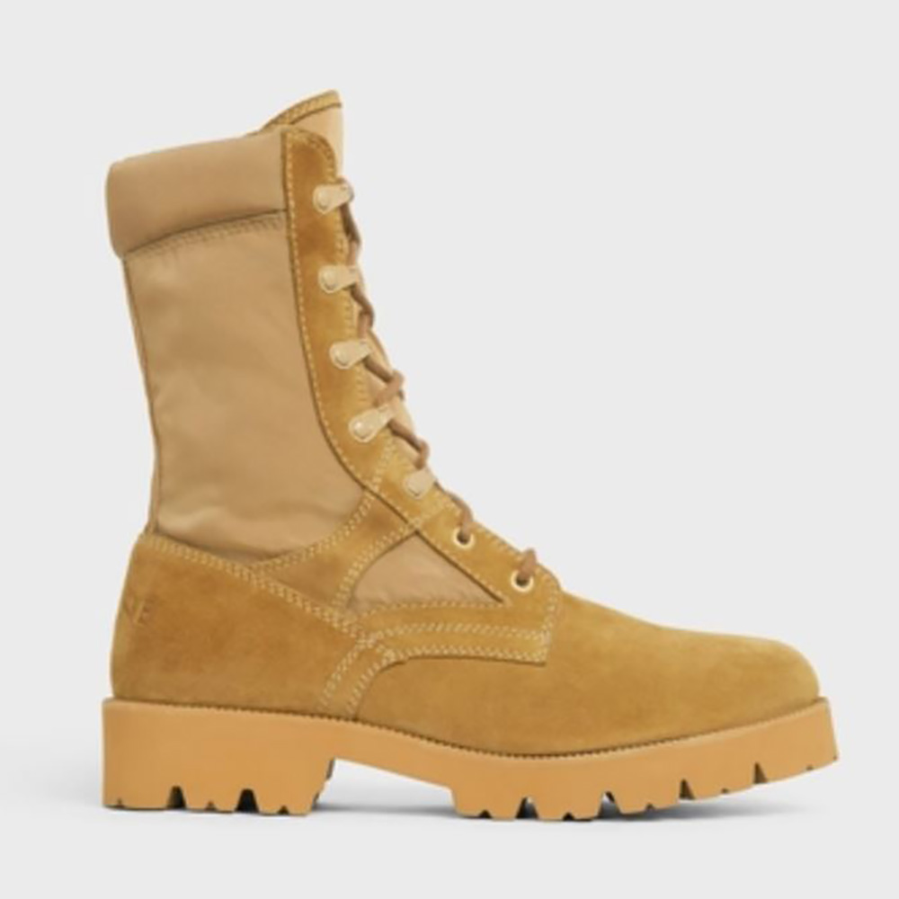 Side view of Celine Women Outdoor Lace up Boot in brown suede calfskin