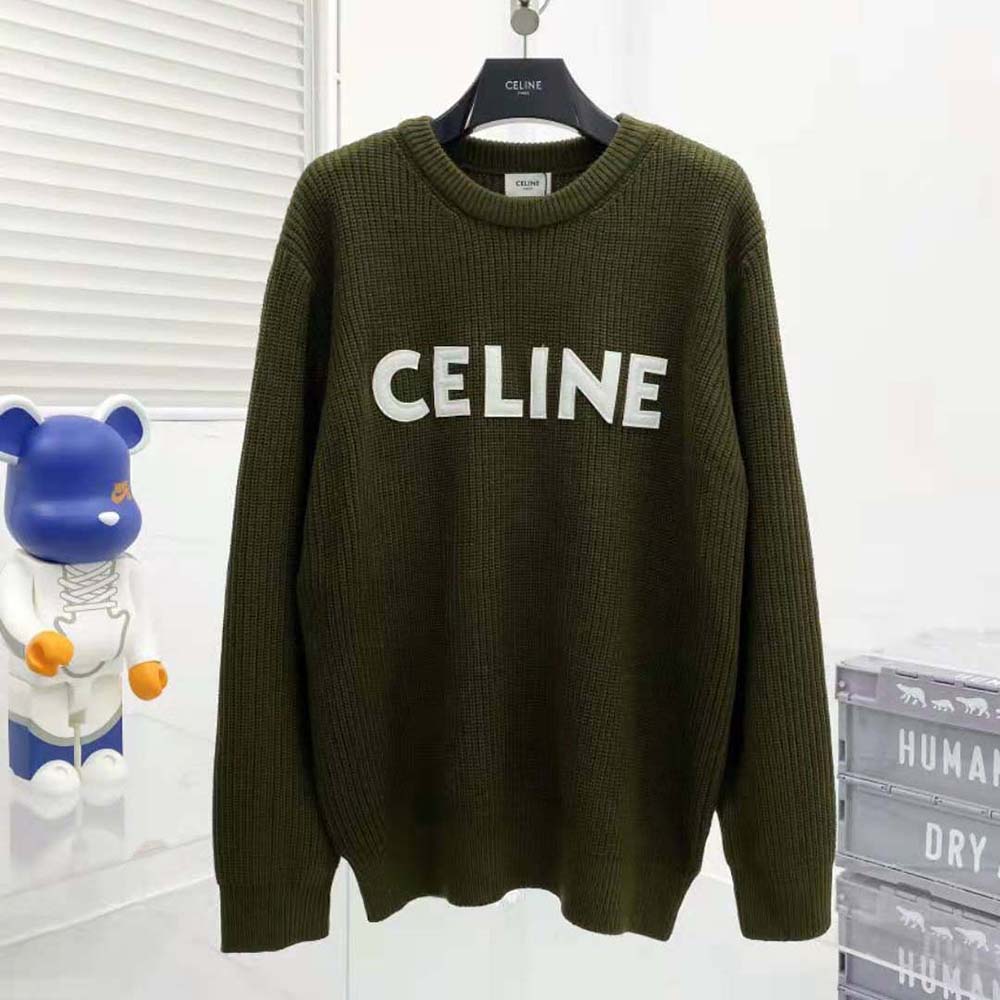 Close-up of wool texture and ribbed cuff detail on Celine sweater