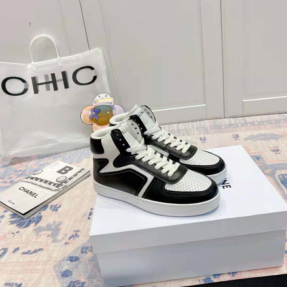Close-up of black calfskin texture and logo embossing on Celine Z Trainer CT-01