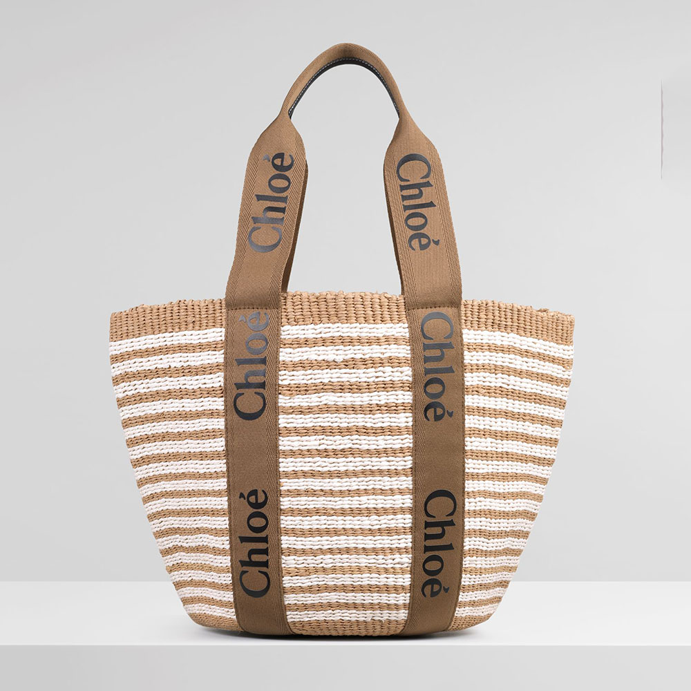 Front view of Chloe Women Large Woody basket in beige with Woody Ribbon