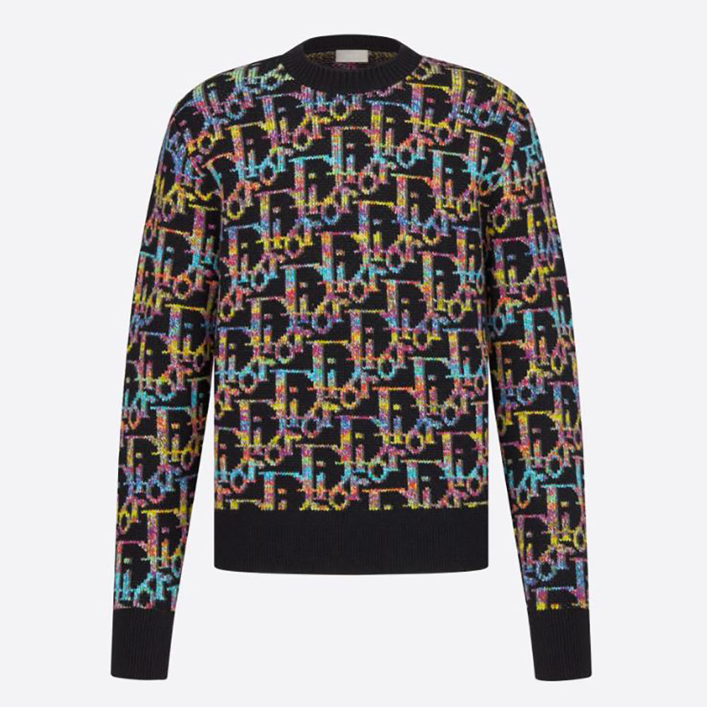 Front view of Dior Men Oblique Sweater Black Wool Jacquard