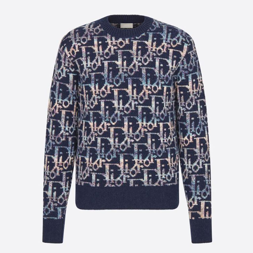 Front view of Dior Men Oblique Sweater Navy Blue Wool Jacquard