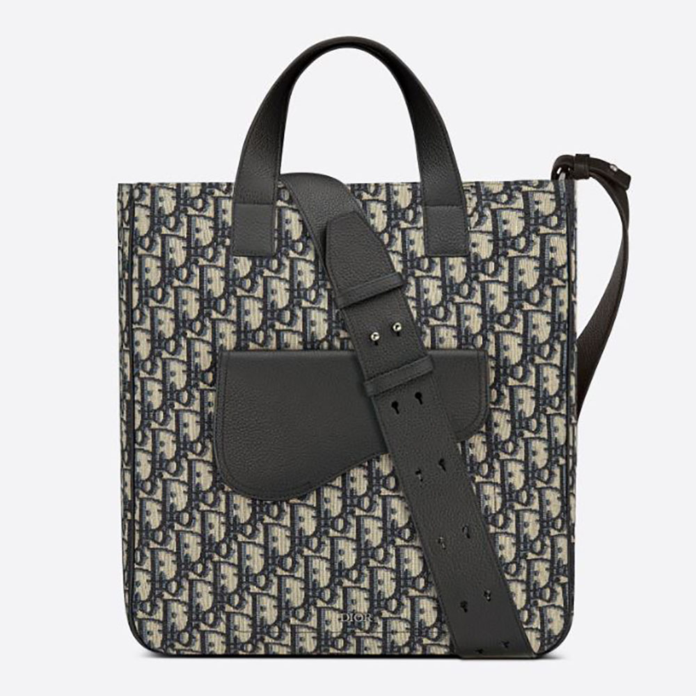 Front view of Dior Men Saddle Tote Bag with Shoulder Strap in navy